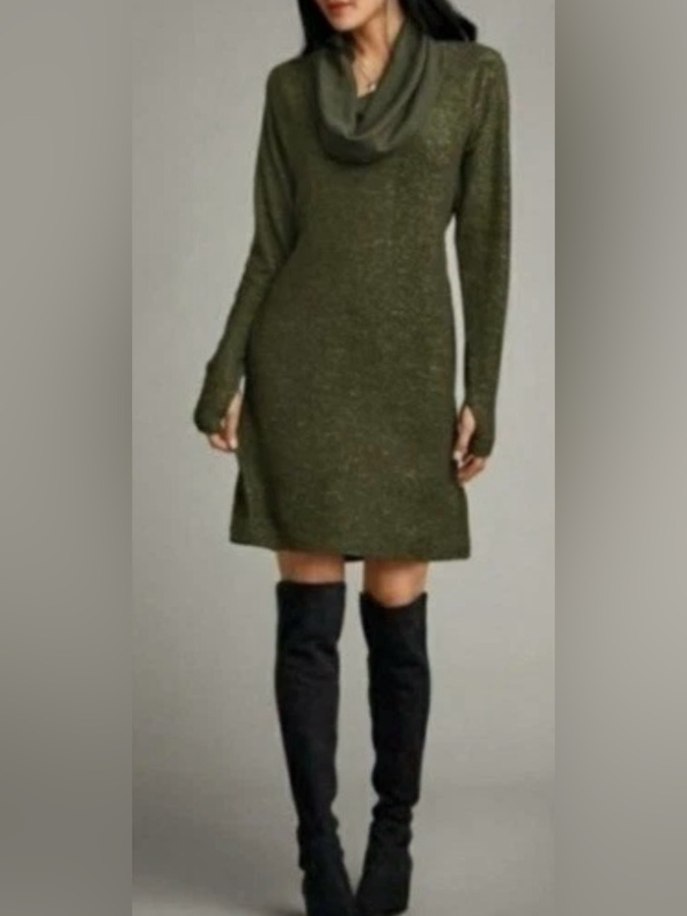 Cabi Green Solace Cowl Neck Cinch Back Sweater Dress